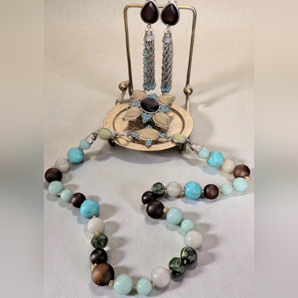Monet Mid 80's Tribal Brooch, Dangling Earrings & Necklace Set